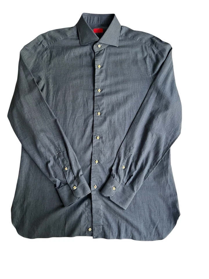 Camisa de vestir Isaia de algodón egipcio-171/2 cuello/44 pecho-hecha a mano en Nápoles, Italia Foto 4 de 4