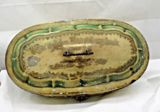 Antiker Emaile Brotkasten &bdquo;Unser t&auml;gliches Brot gieb uns heute&ldquo; Gelb/Gr&uuml;n ~ 1900