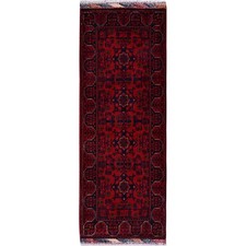 1'10"x5' Red Afghan Khamyab Geometric Pattern Hand Knotted Wool Runner Rug R748
