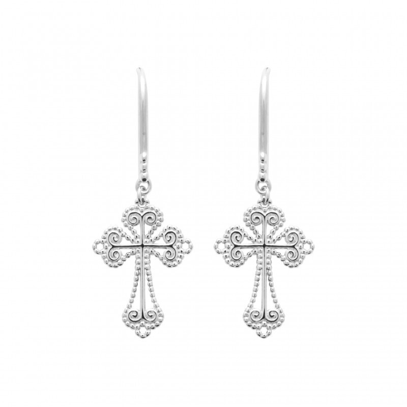 Boucles d'oreilles croix gothique argent massif 925 rhodié pendantes