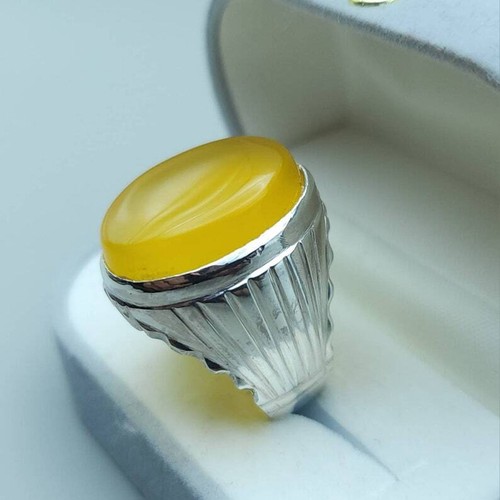 Yellow yamani aqeeq ring Yemeni Agate stone, Yellow aqeeq mens ring gift for men - Picture 7 of 10