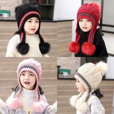 Kids Girls Winter Warm Earflap Knitted Sherpa Ski Hats Fleece Lined Beanie Hat