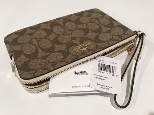 COACH Double Zip Wallet In Signature Canvas Khaki/Chalk/Gold F16109~NEW - Picture 11 of 11