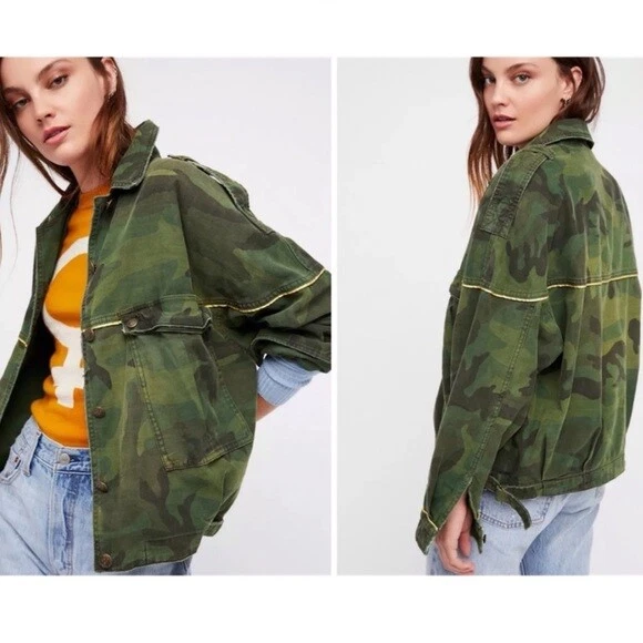 Free People Slouchy Military Jacket Camo Jacket Size Large Light