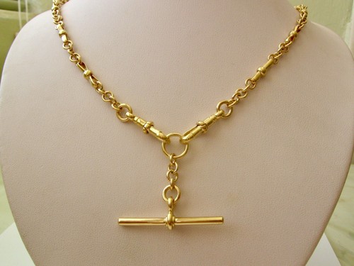 GENUINE 9ct YELLOW GOLD ALBERT CHAIN FOB NECKLACE with T-BAR and DOUBLE CLASPS - Picture 2 of 6