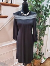 Chico's Women's Black Solid Viscose Off Shoulder Long Sleeve Knee Length Dress S