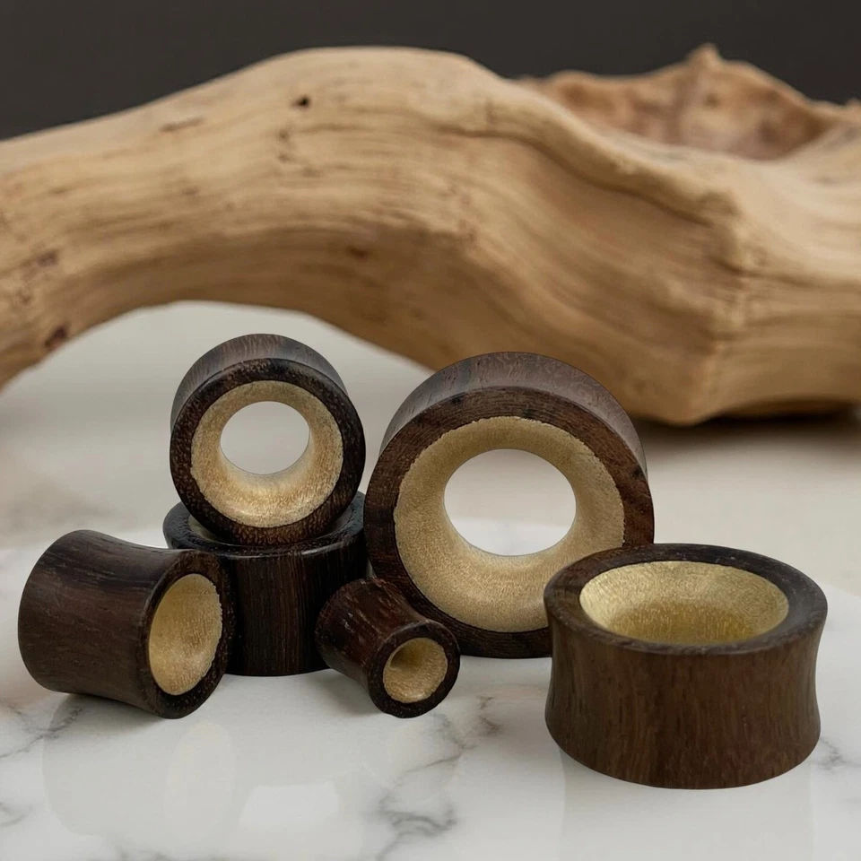 Pair of Sono Wood with Crocodile Wood Inlay Tunnels gauges organic plugs - Image 4 of 4