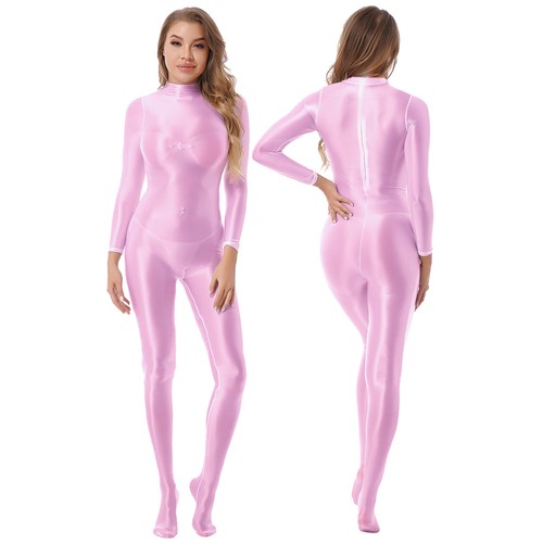 US Women Oily Glossy Tight Back Zipper Full Body Jumpsuits Sexy Bodycon Rompers - 第 39/155 張圖片