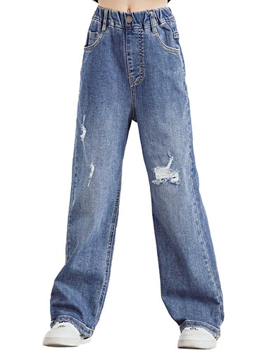 Kinder Mädchen zerrissene Jeans elastische Taille gerades Bein Denim Hose Baggy Hose - Bild 6 von 25