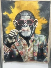 Original Caribbean Hand Oil Painting Monkey Smoking Cuban Cigar One Of A Kind