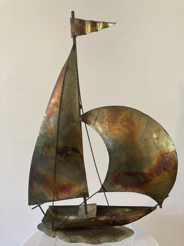 Vintage Tin Brass Nautical Sailboat  Sailing Ship Wall Hanging Or Shelf Decor