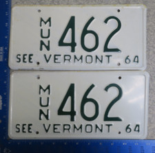 Vermont License Plate Tag Pair Set 1964 64 VT Municipal MUN Police Cop Town 462