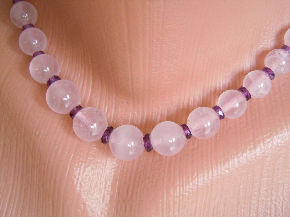 835 Argento Catena Quarzo Rosa Sfera Ametista Rondella Sfaccettato 42,6 G/ - Immagine 2 di 3
