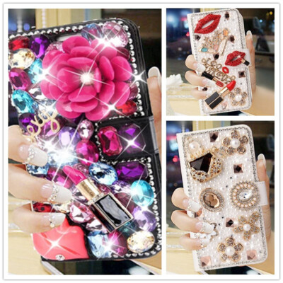 Flowers Lips Crossbody Leather Bling Diamond Case Flip Card Wallet Phone Cover