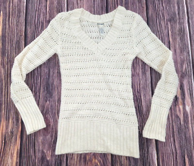 Lucky Brand V Neck Cream Gold Thread Alpaca Blend Pullover Sweater Size M