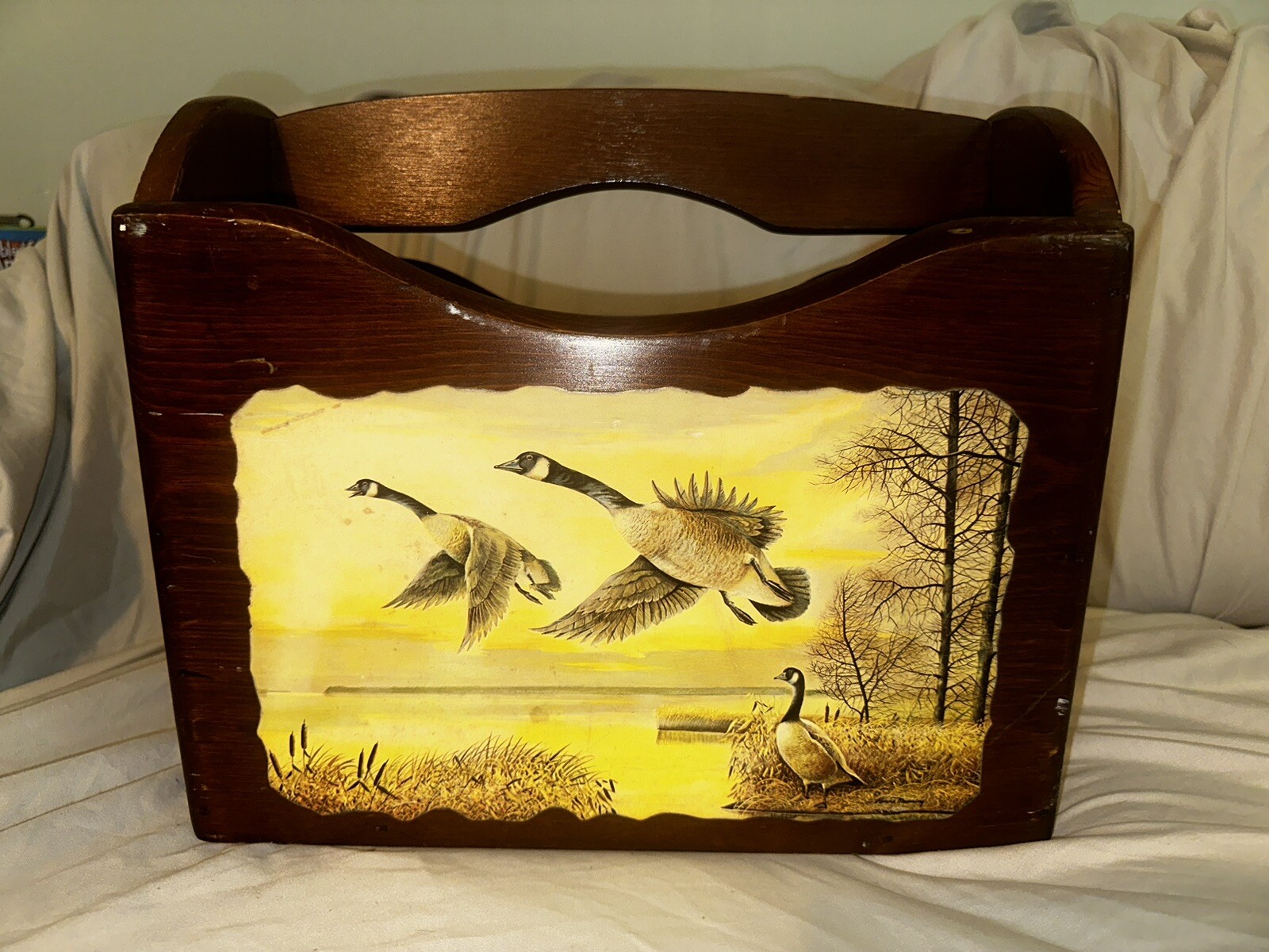 Vintage magazine/book rack-wood with geese painting