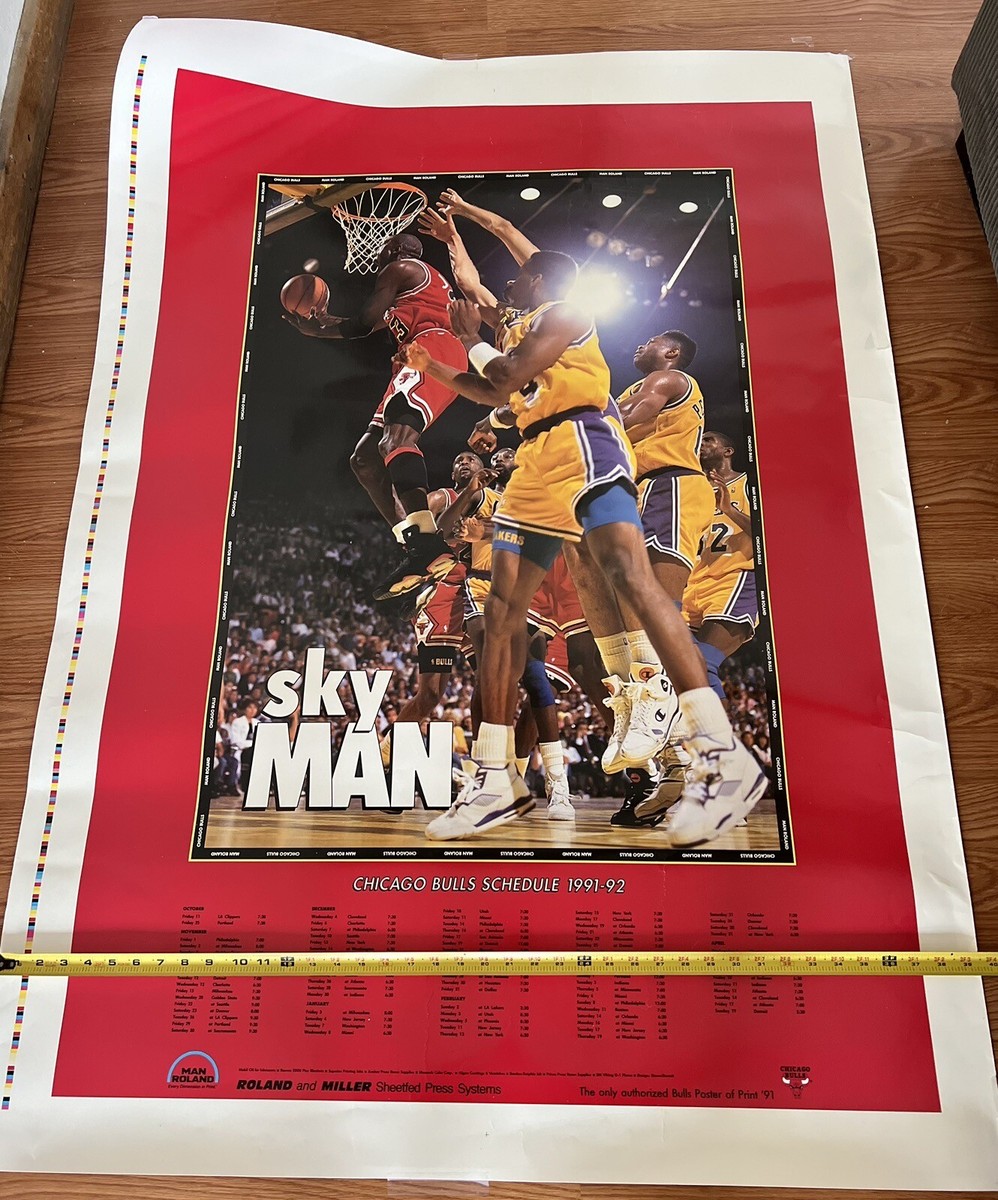 ＠NBA シカゴブルズ スケジュールカード (91/92) 1991-92 chicago bulls schedule Sky man poster (See Pics For