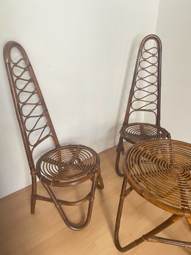 Set tavolino da salotto rotondo piu due sedie in bambu stile bonacina anni 80 - Foto 3 di 11