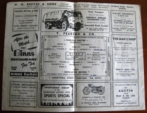 Carlisle United v Doncaster Rovers 1959/60 Div. 4 Programme. - Picture 2 of 2
