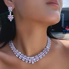 Women Gorgeous Pink Drop Earrings and Necklace Silver Plated Zircon Jewelry Set