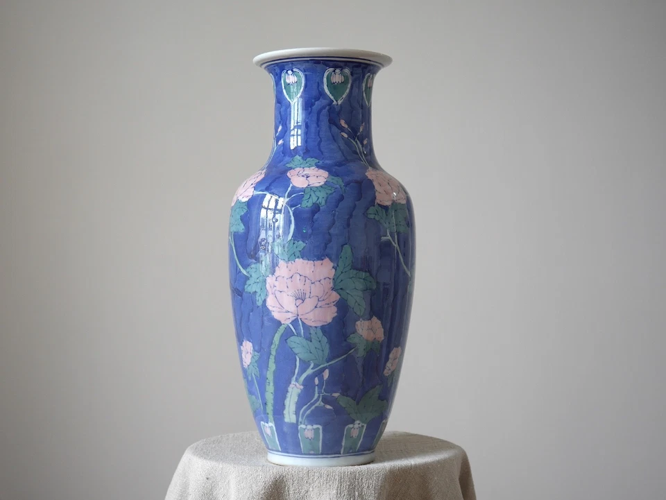 Vintage Extra Large Blue Pink Green Oriental Floor Vase, Floral Motif - Image 3 of 4