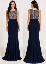 Navy Floral Lace Gown Dress Women M Sleeveless Round Neck Back Zip Long