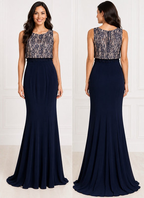 Navy Floral Lace Gown Dress Women M Sleeveless Round Neck Back Zip Long