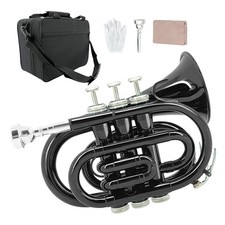 Black Bb Pocket Trumpet Brass Lacquer Trumpet 7C Mouthpiece Hard Case Strap NEW