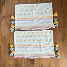 Set of 2 14x21 Lumbar Pillow Covers Boho Chic Tassel Pastel Embroidered Cotton