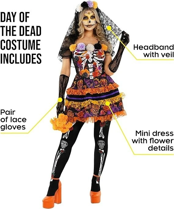 Women`s Day of The Dead Costume Senora Dia De Los Muertos Halloween Dress S-3XL - Image 2 of 4