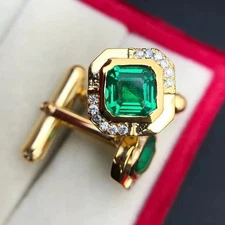 3Ct Asscher Cut Lab Created Green Emerald Men's Cufflinks 14K Yellow Gold Plated