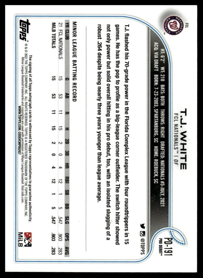 2022 Topps Pro Debut #PD-191 T.J. White Autographs - Image 2 of 2
