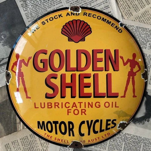 VINTAGE GOLDEN SHELL OIL FOR MOTORCYCLES 12 INCH CONVEX PORCELAIN ENAMEL SIGN