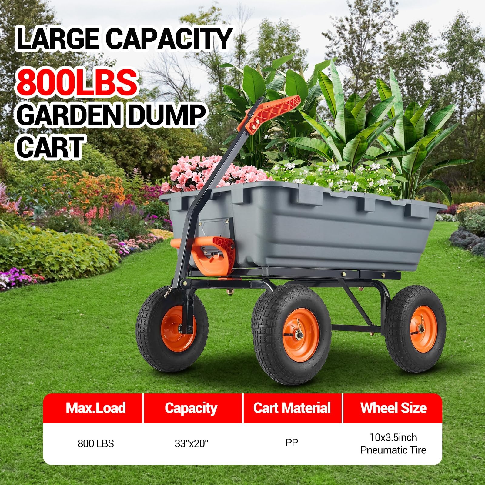 800 LBS Poly Garden Dump Cart Heavy-Duty Dump Wagon Utility Cart Wheelbarrow 