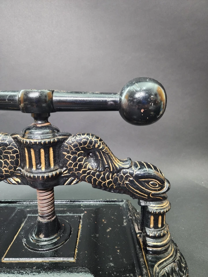 Ornate Antique 19th C Cast Iron Classical Dolphin Bookbinders Book Binders Press - Image 3 of 4