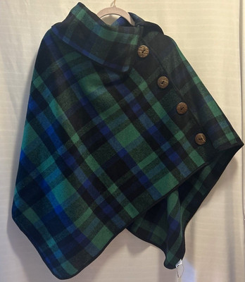 Women's Green/Blue/Black Plaid Button-Front Collared Poncho Cape