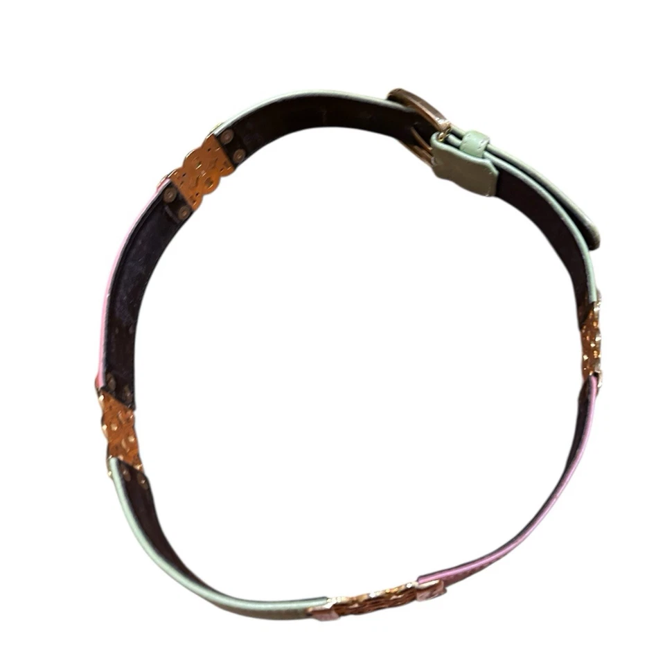 Vintage Pastel Pink & Mint Leather Belt with Gold Cutouts / Waist 27 - 30 - Image 4 of 4