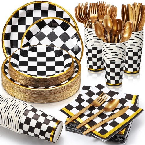 200 Pcs Black and White Checkered Party Supplies Serve 25 Disposable Tablewar...