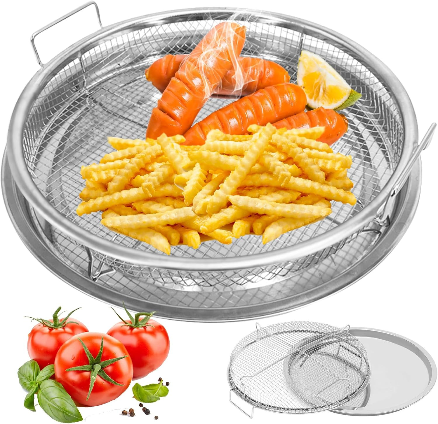 Air Fryer Basket for Oven,2 Pieces Set round Silver 12'' Non-Stick Stainless St