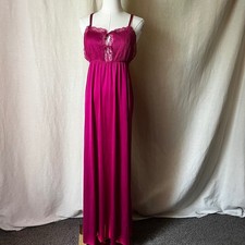 Vintage 70s Fuchsia Lace Nightgown Maxi Empire Waist USA Pink S/M