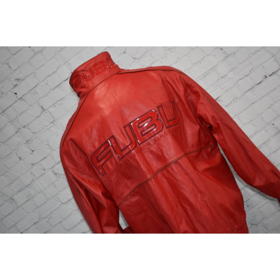 FUBU LEATHER Jacket Mens Size Large Y2K Style Red Full Zip Pocket Hip Hop - Image 3 of 4