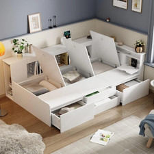 Children's Single Bed Frame with Storage Drawers Bookshelf Headboard Lift Top