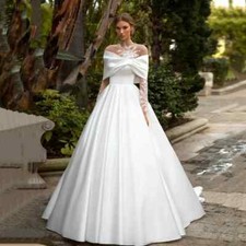 Vintage Satin A Line Wedding Dresses Appliques Long Sleeves Princess Bridal Gown