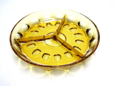 Amber Gold Glass Large Divided Plate Bowl Dish Veggie Fruit Snack Serving Tray