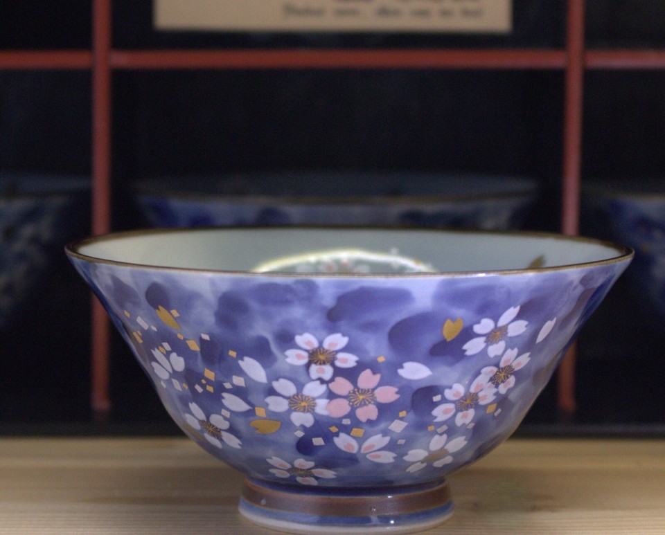 Set of 5 AritaYaki Rice Bowls Sakura Flowers on Blue Base Japanese