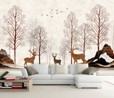 Murales de pared de papel tapiz 3D marrón árbol ciervo G2804 extraíbles autoadhesivos miel