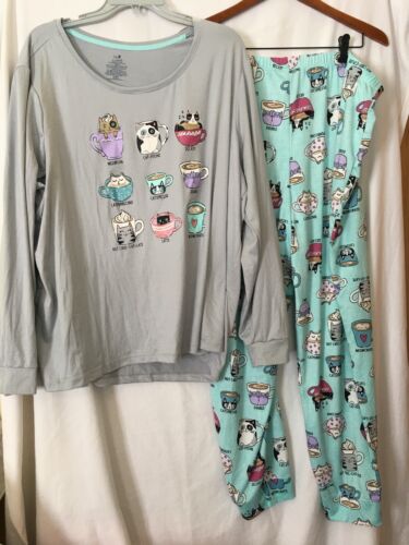 New Secret Treasures Womens Coffee Cat Kitty Top Jogger Pajama set many sizes  - Picture 1 of 3