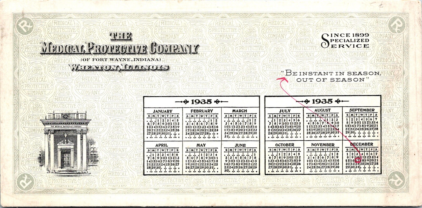 Medical Protective Company Vintage Ink Blotter Card 1935 Calendar