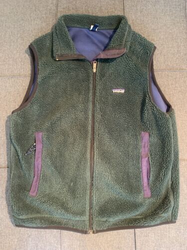 Patagonia Vintage USA 90's Men's Deep Pile Fleece Green Vest Gilet Zip Large - Afbeelding 1 van 5