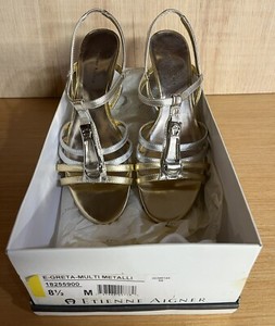 Aigner Sandals Silver & Gold 8.5M Metallic Excellent Condition Original Box